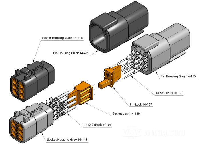 Scatola per boccole »DTM « di Deutsch; 6 vie; poliammide, nero; per fili di: ~ 0.5 - 1.5 mm² (AWG 20-16); rimpiazza OEM HD 74116-98BK; peso lordo: 6 g