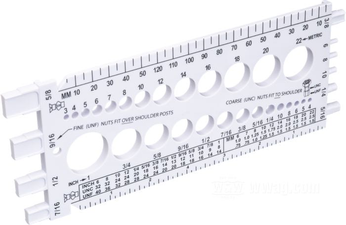 Thread pitch and diameter gauge by Colony; for nuts and bolts; plastic; length x width: 220 x 84 mm; metric and SAE sizes mixed; USA; gross weight: 65 g