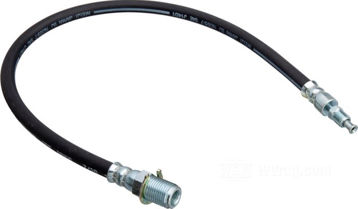 Brake line; fits FL/FLH 1958-1962; frame to wheel brake cylinder; steel, rubber; length: 57 cm; position: rear; connection thread: 3/8” IF; connection thread: 5/8”-18; replaces OEM HD 42300-58; gross weight: 180 g