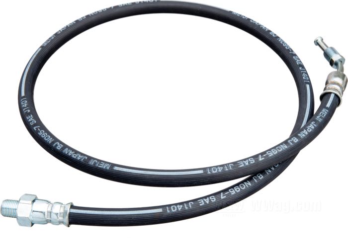 Brake line; fits FL 1973-1980; tee to brake caliper; steel, rubber; length: 88 cm; position: rear; thread: 1/8”-27 NPT; connection thread: 3/8” IF; replaces OEM HD 42300-73; gross weight: 130 g
