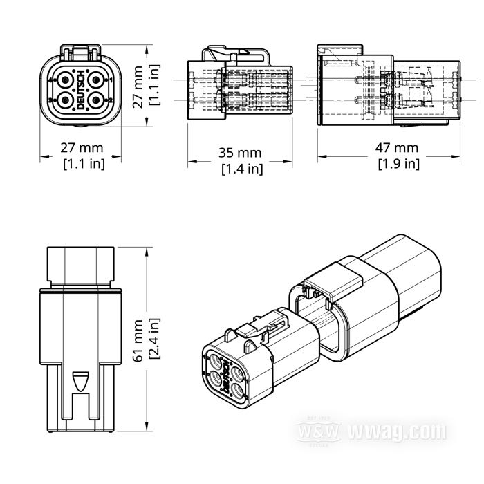 Pin housing »DTP« by Deutsch; for Regulator; fits Softail 2001-2007 and Dyna 2006-2007; 4-way; polyamide, black; 25 A; for wires: ~ 2.0 - 6.0 mm² (AWG 14-10); replaces OEM HD 72604-01BK; China; gross weight: 20 g
