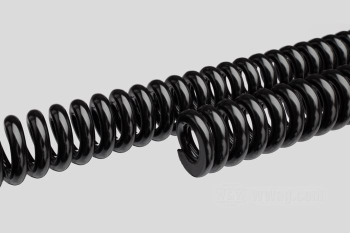 Kit di molle di forcella di Competition Distributing; atto per modelli IOE 1909-1924; interne; acciaio per molle, nero, rivestito a polvere, OD 21 mm, ID 11 mm, L1 = 240 mm, L2 = 508 mm; rimpiazza OEM HD 2615-09 e 2617-09; U.S.A.; peso lordo: 1.48 kg