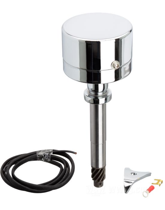 Sistema de encendido »Early Shovel«; apropiado para Big Twin OHV 1936-1969; acero, cromado; para usar con 6 o 12 V; resistencia primaria: 2-5 Ω; con ruptor y condensador; reemplaza OEM HD 32502-66A; peso bruto: 1.07 kg