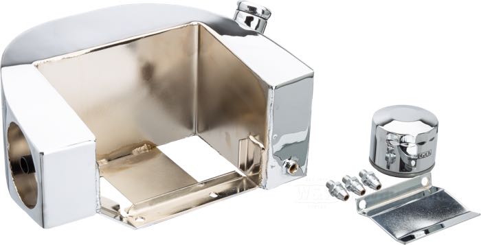 Oil tank »Horseshoe Custom« by Paughco; for rigid and swingarm frames; side fill; sheet steel, chrome-plated, with oil filter cartridge; volume: 3.3 l; drain plug: 1/8”-27 NPTF; filler spout: ID 1-1/4”; USA; gross weight: 5 kg
