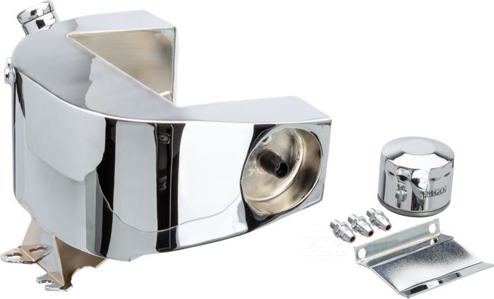 Oil tank »Horseshoe Custom« by Paughco; for rigid and swingarm frames; side fill; sheet steel, chrome-plated, with oil filter cartridge; volume: 3.3 l; drain plug: 1/8”-27 NPTF; filler spout: ID 1-1/4”; USA; gross weight: 5 kg