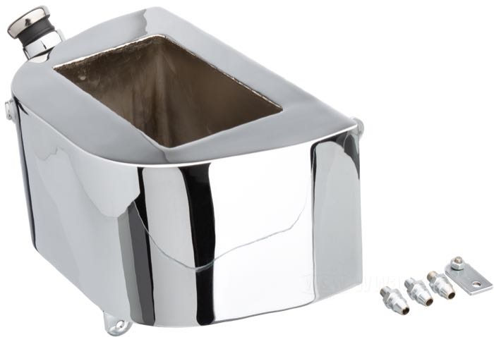 Serbatoio olio »Horseshoe Custom« di Paughco; atto per Big Twin 4 marce a forcellone oscillante (eccetto FXST); with 3 threaded fittings; acciaio, cromato, compartimento batteria: LxLxA: 187x104x141 mm; volume: 3.8 l; vite spurgo: 1/8”-27 NPTF; bocchettone: DI 1-1/4”; con raccordi; U.S.A.; peso lordo: 5.28 kg