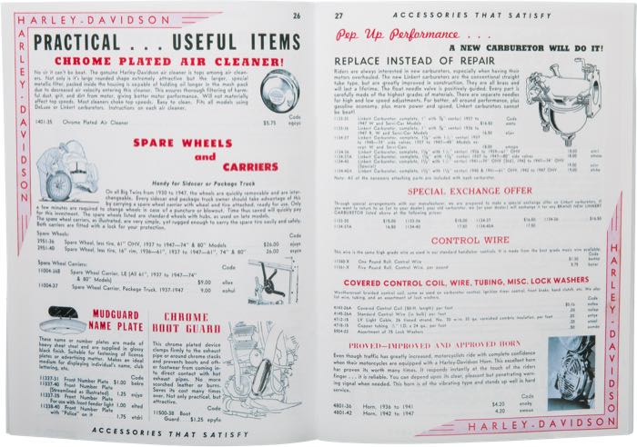 Catalogue »Classic H-D Motorcycle Accessories 1947«; papier; largeur x hauteur: 21 x 28 cm; coloré + noir et blanc; 66 pages; poids brut: 220 g