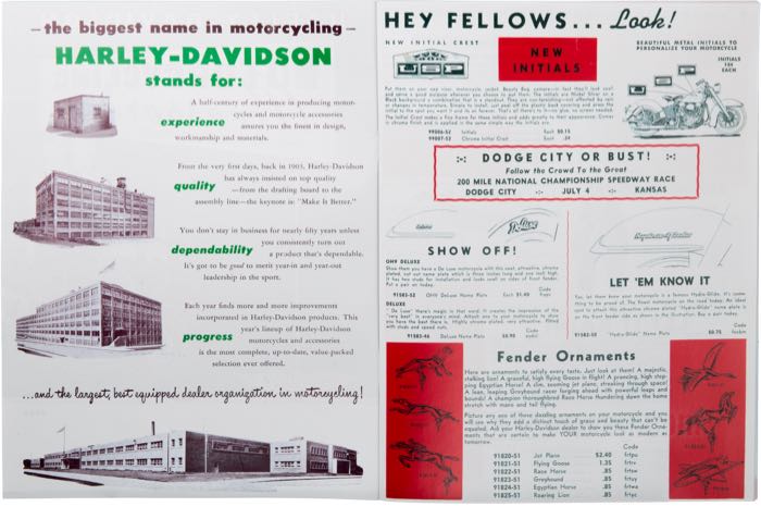 Catalogue »Classic H-D Motorcycle Accessories 1952«; papier; largeur x hauteur: 20 x 27 cm; coloré + noir et blanc; 32 pages; poids brut: 127 g