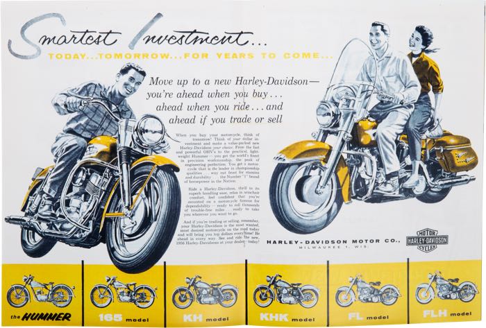 Catalogue »Classic H-D Motorcycle Accessories 1956«; papier; largeur x hauteur: 20 mm x 27 cm; coloré + noir et blanc; 32 pages; poids brut: 127 g