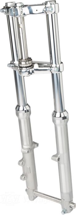 Hydraulic fork »Narrow« by W&W Cycles; fits Knucklehead 1936, Big Twin 1937-1986; aluminum / steel; Ø fork tubes: 39 mm; measures according to drawing:  L: 575 mm, W: 180 mm; width cente to center: 180 mm; gross weight: 16.66 kg