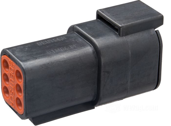 Pin housing »DTM « by Deutsch; 6-way; polyamide, black; for wires: ~ 0.5 - 1.5 mm² (AWG 20-16); gross weight: 11 g