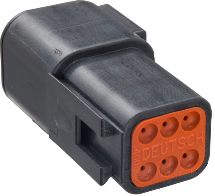 Pin housing »DTM « by Deutsch; 6-way; polyamide, black; for wires: ~ 0.5 - 1.5 mm² (AWG 20-16); gross weight: 11 g