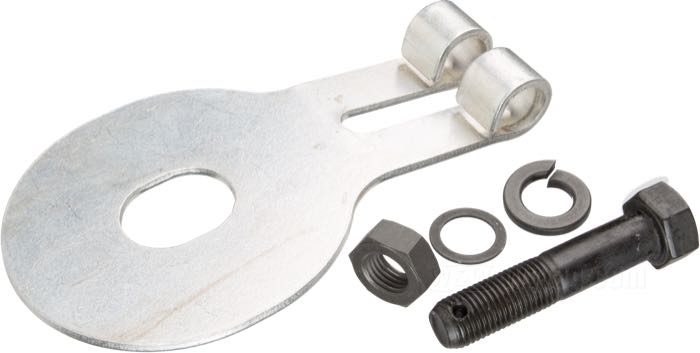 Anchor plate by Colony; for Steering damper; fits K/KH and XL-models 1952-1963; steel, CAD (ZnNi process) / parkerized; thread: 3/8”-24; replaces OEM HD 46730-52, 4379, 6375, 7045, and 7789; USA; gross weight: 142 g