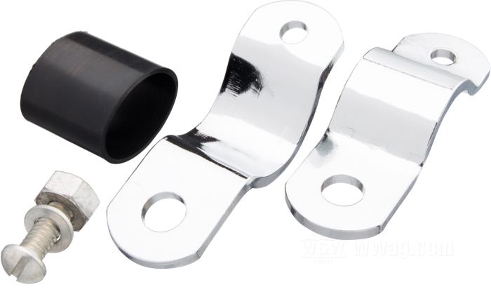 Mounting clamp by Colony; for Spotlight; fits Springer fork 1946-1957; steel / rubber, chrome-plated / CAD (ZnNi process); replaces OEM HD 68702-38, and 68707-38; USA; gross weight: 128 g