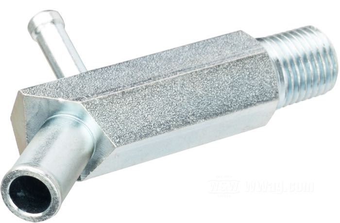 Fitting by Colony; for case ventilation / rear chain oiler; fits Big Twin 1970-1978; for 3/8” ID hoses; steel, zinc plated; connection thread: 1/4”-18 NPT; replaces OEM HD 63541-70; USA; USA; gross weight: 78 g