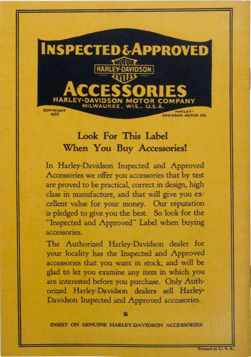 Catalogue »Classic H-D Motorcycle Accessories 1929«; papier; largeur x hauteur: 15 x 21.5 cm; noir et blanc; 24 pages; poids brut: 54 g