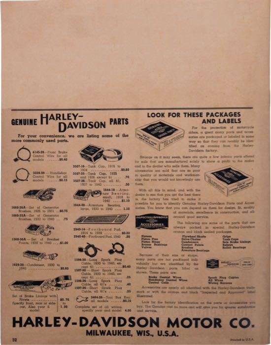 Catalog »Classic H-D Motorcycle Accessories 1940«; paper; width x height: 20.5 x 27 cm; black and white; 30 pages; gross weight: 116 g