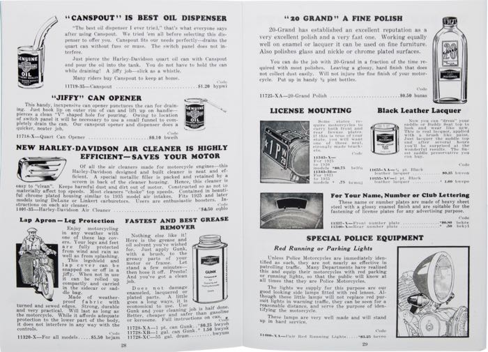 Catalogue »Classic H-D Motorcycle Accessories 1935«; papier; largeur x hauteur: 14.5 x 22.5 cm; noir et blanc; 64 pages; poids brut: 125 g