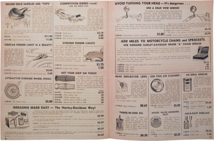 Catalog »Classic H-D Motorcycle Accessories 1940«; paper; width x height: 20.5 x 27 cm; black and white; 30 pages; gross weight: 116 g