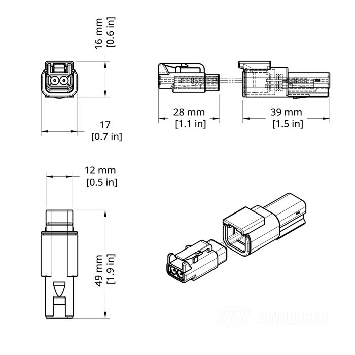 Freno conectores »DTM « de Deutsch; 2 vías; poliamida; para hilos de: ~ 0.5 - 1.5 mm² (AWG 20-16); peso bruto: 1 g