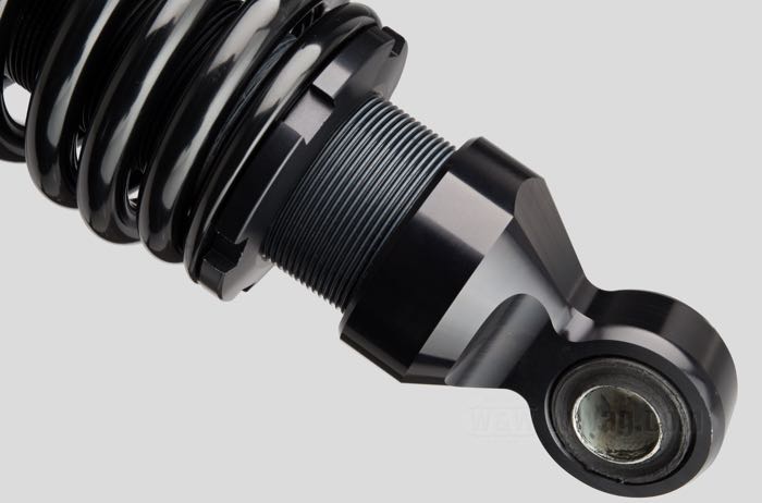 Amortisseurs de Bitubo; adaptable à Sportster 1979-2003, FXR; acier à ressort / acier / alu billet, anodisé noir / finition époxy; longueur: 351 mm; oeillet de l'amortisseur: 13.9 mm; avec clé de réglage amortisseurs; Italie; poids brut: 4.38 kg