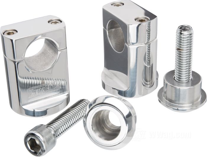 Risers by DynaMite; billet aluminum, polished; thread: 1/2”-13; for handlebar Ø: 1 ”; measures according to drawing: H-mounting height = 46 mm, T-total height = 64 mm, F-base-Ø = 44 mm; with mounting hardware; gross weight: 549 g