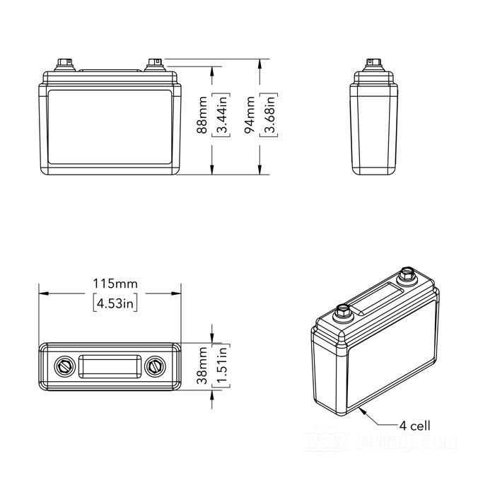 Batería »AG-401/4-Cell« de Antigravity; reemplaza una batería AGM de 6 Ah; A x A x F: 115 x 94 x 38 mm; peso neto: 450 g; 12 V; 2 Ah; energía: 30.08 Wh; corriente de arranque en frio (SAE): 120 A; terminales: M5 (tornillos incluidos); con almohadillas de espuma autoadhesivas; peso bruto: 600 g