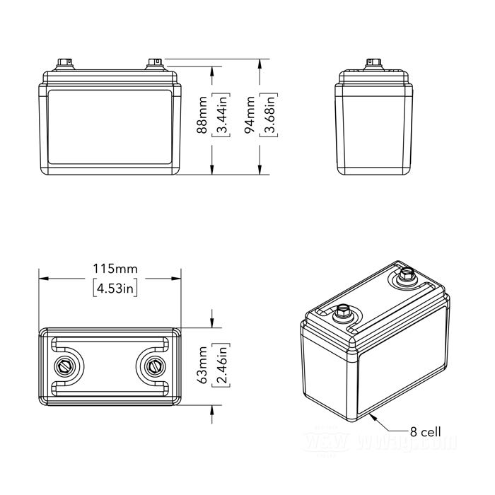 Battery »AG-801/8-Cell« by Antigravity; replaces a 9 Ah AGM battery; W x H x D: 111.2 x 85 x 60 mm; net weight: 850 g; 12 V; 5 Ah; energy rating: 63.36 Wh; cold cranking current (SAE): 240 A; pole connections: M5 (screws included); with adhesive backed foam mats; gross weight: 850 g