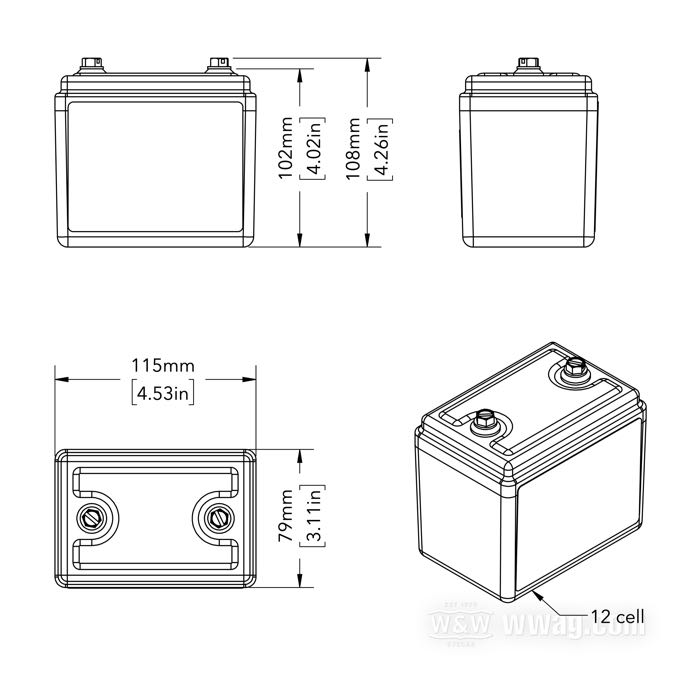 Battery »AG-1201/12-Cell« by Antigravity; replaces a 12 Ah AGM battery; W x H x D: 115 x 108 x 79 mm; net weight: 1.2 kg; 12 V; 7.5 Ah; energy rating: 96 Wh; cold cranking current (SAE): 360 A; pole connections: M6 (screws included); with adhesive backed foam mats; gross weight: 1.21 kg