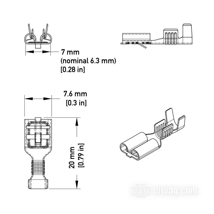 Cosse femelle; pour custom application; non isolé; avec languette d'arrêt; laiton, étamé; largeur: 6.3 mm; pour fils de: ~ 1.5 - 2.5 mm² (AWG 16-14); poids brut: 1 g