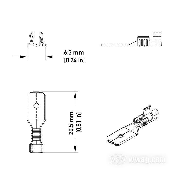 Cosse mâle plate; pour custom application; non isolé; laiton, étamé; largeur: 6.3 mm; pour fils de: ~ 0.75 - 1.5 mm² (AWG 18-16); poids brut: 10 g