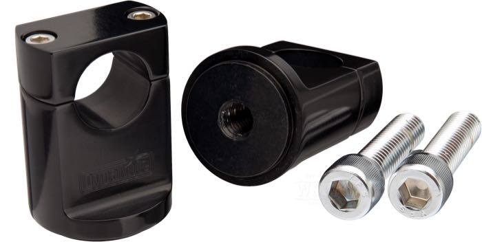 Riser di DynaMite; alluminio billet, anodizzato nero; filettatura: 1/2”-13; per manubri del Ø: 1 ”; misure conformi a disegno: H-altezza di montaggio = 46 mm, T-altezza generale = 64 mm, F-base-Ø = 44 mm; con viti di montaggio; peso lordo: 510 g