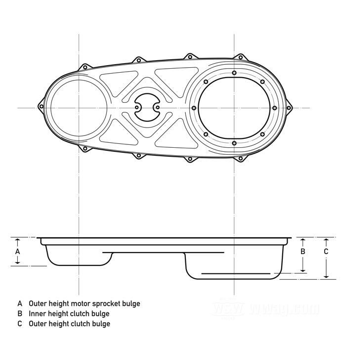 Outer primary chain guard »Custom« by Paughco; fits 45cui/750cc W-Models and Servi-Cars 1941-1965; sheet steel, chrome-plated; Outer height motor sprocket bulge (A): 65 mm; Inner height clutch bulge (B): 90 mm; Outer height clutch bulge (C): 95 mm; gross weight: 1.54 kg