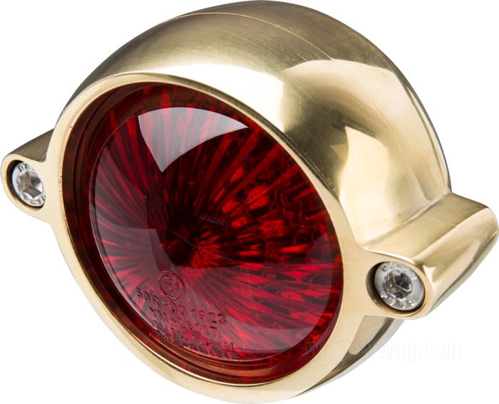 Rücklicht »Eldorado« von Motone; Aluminiumguss, Messing, poliert; Tiefe: 35 mm; Ø 62 mm; Glühlampen-Typ: LED; Gewinde: #10-32; 12 V; mit LED Leuchtmittel; mit Bremslicht; mit Alu-Gehäuse; mit Kennzeichenbeleuchtung; Montagefläche: plan; mit vier Muttern; E4 geprüft; Bruttogewicht: 300 g