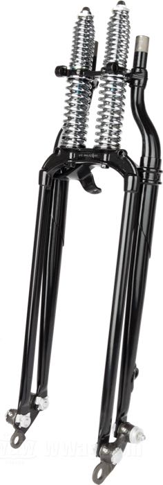 Horquilla Springer »Classic Inline« de Samwel Supplies; apropiado para Big Twins; rosca interior de la pipa de dirección: 3/4”-14 UNS; acero, negro, recubierto en epoxy, con resortes cromados; largo: 59 cm; sobra/acortamiento: +4 ”; con certificación sobre el material; Europa; peso bruto: 22 kg