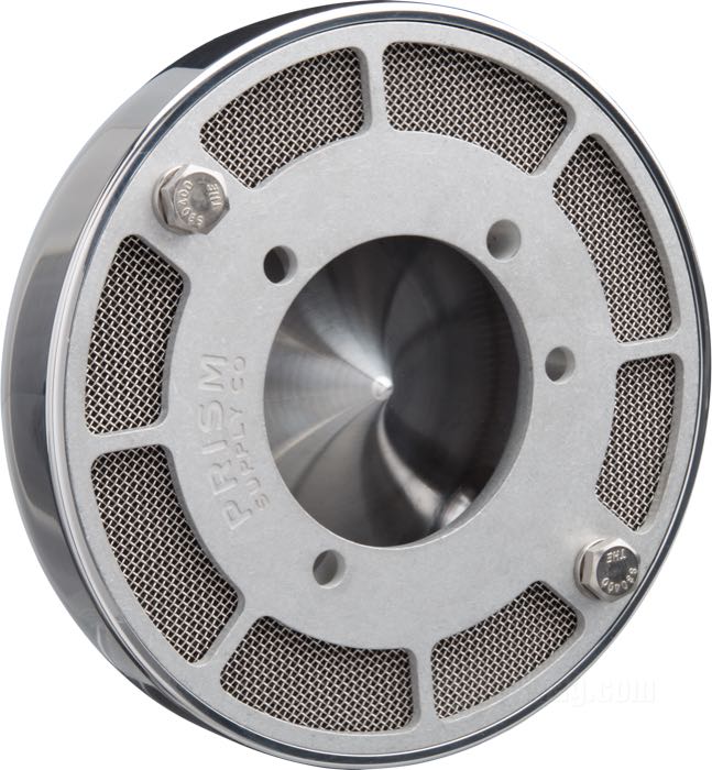 Filtro de aire »Darlington« de Prism Supply Co.; aluminio macizo, pulido; fondo: 40 mm; Ø 140 mm; para carburadores CV; con tornillería de montaje; EE. UU.; peso bruto: 656 g