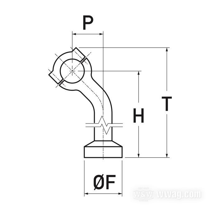 Riser »Deluxe« von Kustom Tech; Messing, satiniert; Gewinde: 1/2”-13; für Lenker-Ø: 1 ”; Maße gemäß Zeichnung: H-Anbauhöhe = 64 mm, T-Gesamthöhe = 92 mm, P-Kröpfung nach hinten = 25 mm, F-Sockel-Ø = 32 mm; mit Riserschrauben; mit Teilegutachten; Italien; Bruttogewicht: 920 g