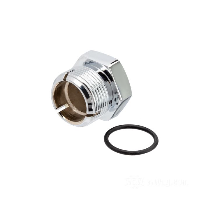 Filler plug; for Transmission; fits 4-speed Big Twin 1936-1984; steel, chrome-plated, oversize, self-tapping, to restore pulled threads; hex; thread: 29/32”-18; gross weight: 60 g