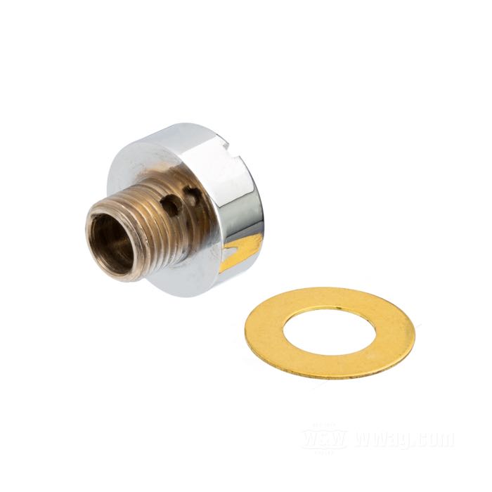 Bouchon fileté; pour valve de surpression; adaptable à Big Twin 1968-1980; acier, chromé; tête cylindrique fendue; filetage: 1/2”-20; avec joint en laiton; remplace OEM HD 26377-68; poids brut: 50 g