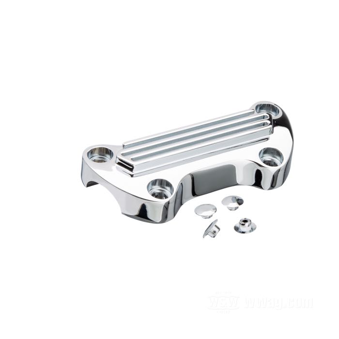Morsetto manubrio; distanza riser 3-1/2” (= 89 mm); alluminio fuso, cromato, con grembiule, scanalato; misure conformi a disegno: W-larghezza = 129 mm; peso lordo: 355 g