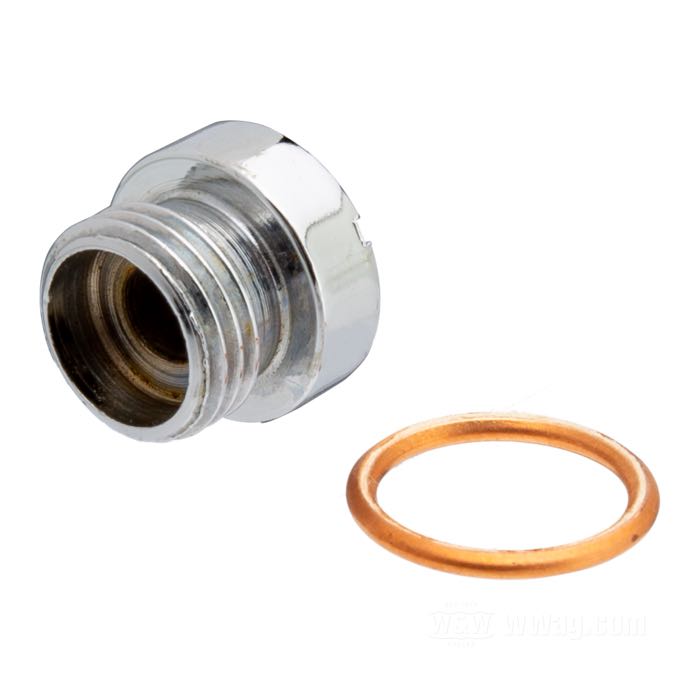 Tapón; para colador de aceite en el Cárter; apropiado para Big Twin 1952-1965; acero, cromado; cabeza cilíndrica ranurada; rosca: 9/16”-18; reemplaza OEM HD 24987-52; peso bruto: 20 g