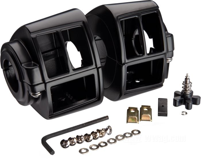 Kit cocotte de commutateurs; adaptable à modèles 1982-1995; alu coulé, noir, finition époxy; remplace OEM HD 71563-82A, 71564-82A, 71567-82A et 71568-82A; poids brut: 384 g
