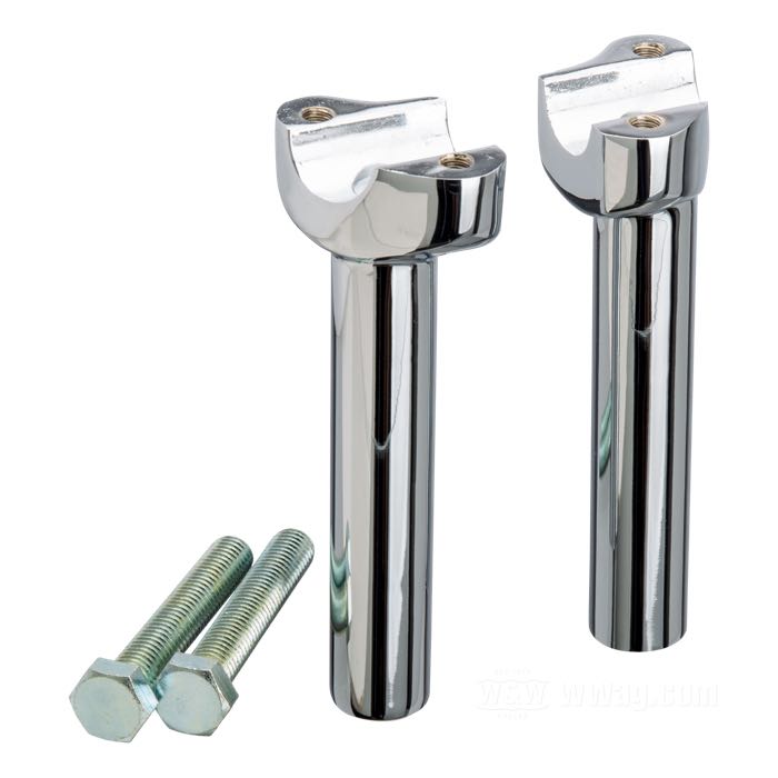 Riser; atto per FXSTB 1998-2010; distanza riser 3-1/2” (= 89 mm); alluminio fuso, cromato; filettatura: 5/16”-18 / 1/2”-13; misure conformi a disegno: H-altezza di montaggio=150 mm; rimpiazza OEM HD 56223-98, 56018-98 e 56019-98; peso lordo: 1.3 kg