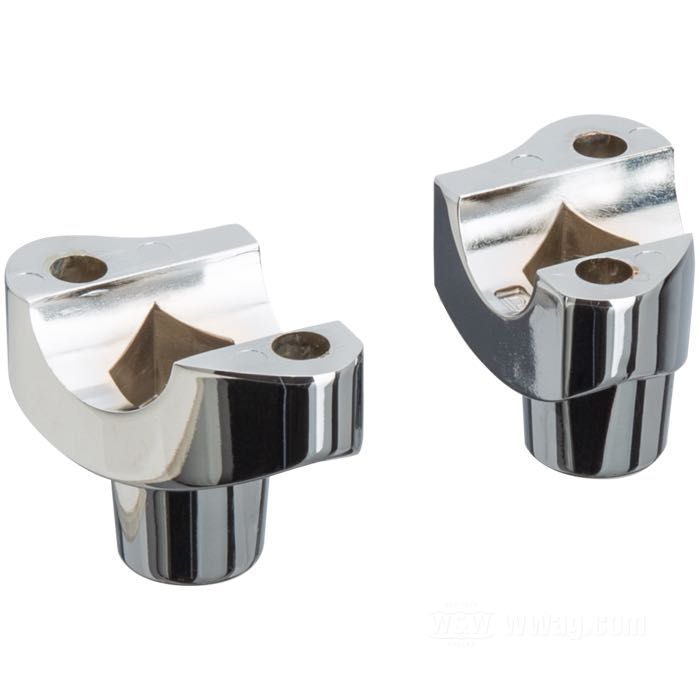 Risers; for 1/2” hex head bolts and 5/16” bolts; fits FLH 1980-1984; riser distance 3-1/2” (= 89 mm); zinc die-cast, chrome-plated; measures according to drawing: H-mounting height=43 mm; length ℓ for riser bolt shaft: 21 mm; replaces OEM HD 55940-79A, 55941-79A, 55940-82, and 55941-82; gross weight: 300 g