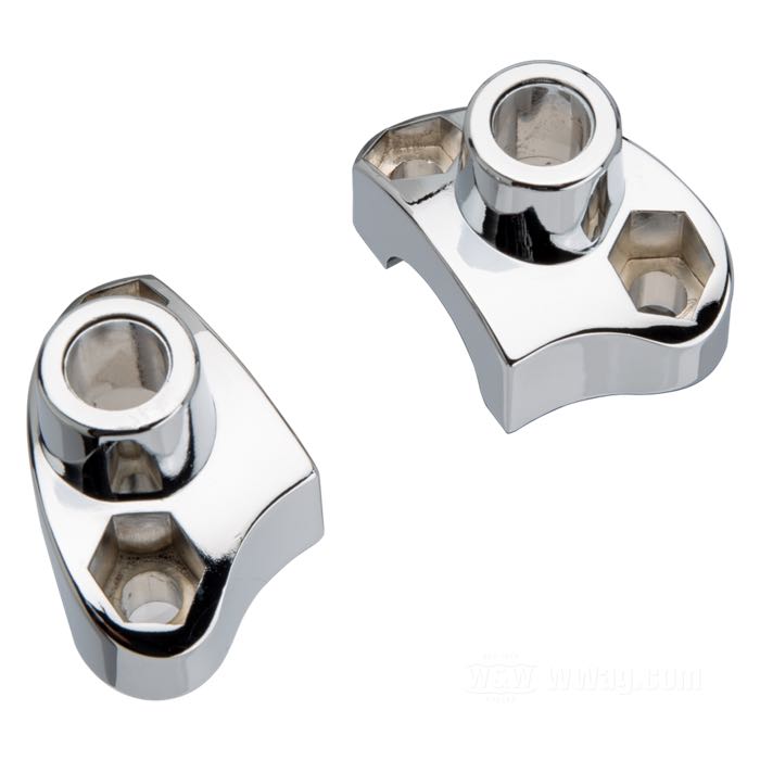 Risers; for 1/2” hex head bolts and 5/16” bolts; fits FLH 1980-1984; riser distance 3-1/2” (= 89 mm); zinc die-cast, chrome-plated; measures according to drawing: H-mounting height=43 mm; length ℓ for riser bolt shaft: 21 mm; replaces OEM HD 55940-79A, 55941-79A, 55940-82, and 55941-82; gross weight: 300 g