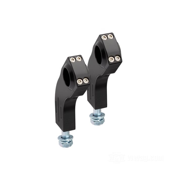 Risers »Pullback« de Ritz; cablage externe; alu billet, noir, finition époxy; filetage: M12; pour guidons du Ø: 1 ”; mésures selon croquis: P-déport à l'arrière = 45 mm; mésures selon croquis: H-hauteur de montage=100 mm, T-hauteur général=125 mm; avec vis M12; certifié; Allemagne; poids brut: 830 g