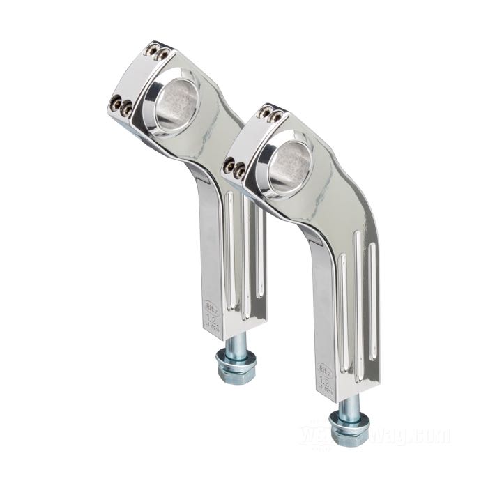 Risers »Pullback« de Ritz; cablage externe; alu billet, poli; filetage: M12; pour guidons du Ø: 1 ”; mésures selon croquis: P-déport à l'arrière = 45 mm; mésures selon croquis: H-hauteur de montage=150 mm, T-hauteur général=176 mm; avec vis M12; certifié; Allemagne; poids brut: 1.06 kg