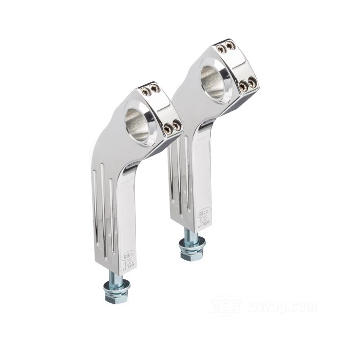 Risers »Pullback« de Ritz; cablage externe; alu billet, poli; filetage: M12; pour guidons du Ø: 1 ”; mésures selon croquis: P-déport à l'arrière = 45 mm; mésures selon croquis: H-hauteur de montage=150 mm, T-hauteur général=176 mm; avec vis M12; certifié; Allemagne; poids brut: 1.06 kg