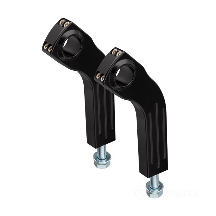 Risers »Pullback« de Ritz; cablage externe; alu billet, noir, finition époxy; filetage: M12; pour guidons du Ø: 1 ”; mésures selon croquis: P-déport à l'arrière = 45 mm; mésures selon croquis: H-hauteur de montage=150 mm, T-hauteur général=178 mm; avec vis M12; certifié; Allemagne; poids brut: 950 g
