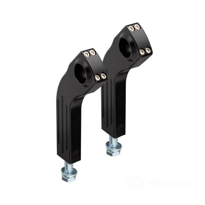 Risers »Pullback« de Ritz; cablage externe; alu billet, noir, finition époxy; filetage: M12; pour guidons du Ø: 1 ”; mésures selon croquis: P-déport à l'arrière = 45 mm; mésures selon croquis: H-hauteur de montage=150 mm, T-hauteur général=178 mm; avec vis M12; certifié; Allemagne; poids brut: 950 g